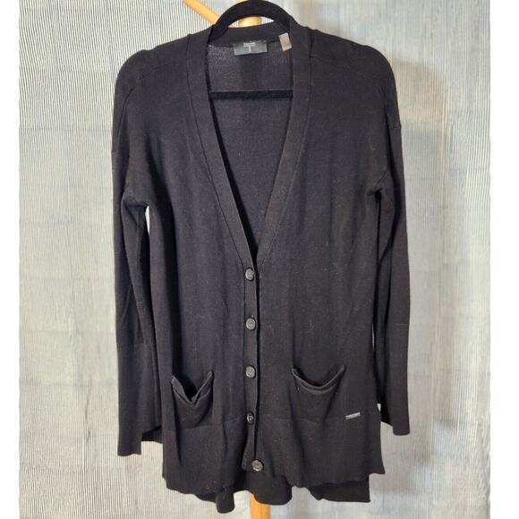T Tahari $68 Small Black Rayon Stretch Button Notched Cuff Cardigan Pocket - Picture 1 of 13